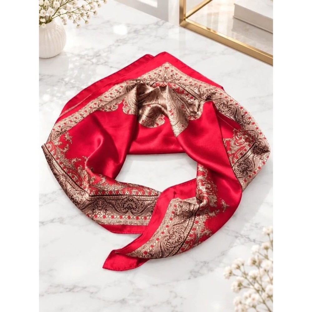 Red Paisley Square Scarf 26.5” Satin Look Ornate Print Fashion Neck Hair Scarf